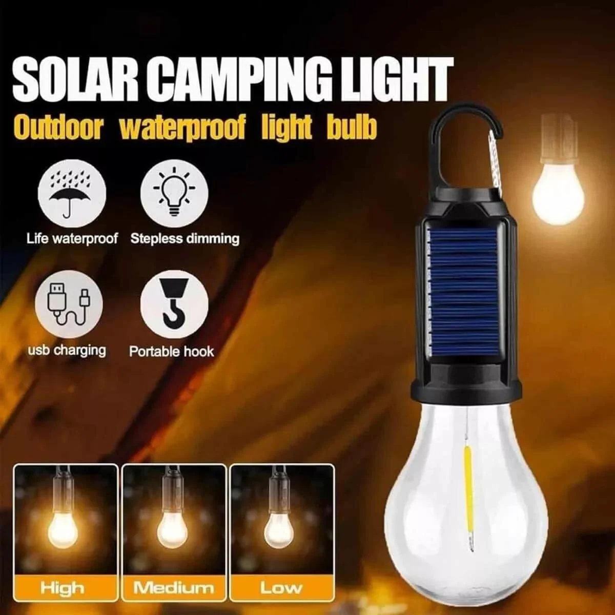 Solar Powered Rechargeable Emergency LED Light Bulb, Portable Waterproof Hanging Camping Lantern with 3 Modes & USB Charging, Outdoor Tent Lights for Hiking, Car, Household, Traveling (Pack 1)