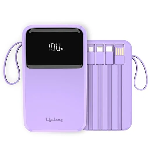 Portable Multi-Cable Power Bank with Built-In Charging Cords and Digital Display