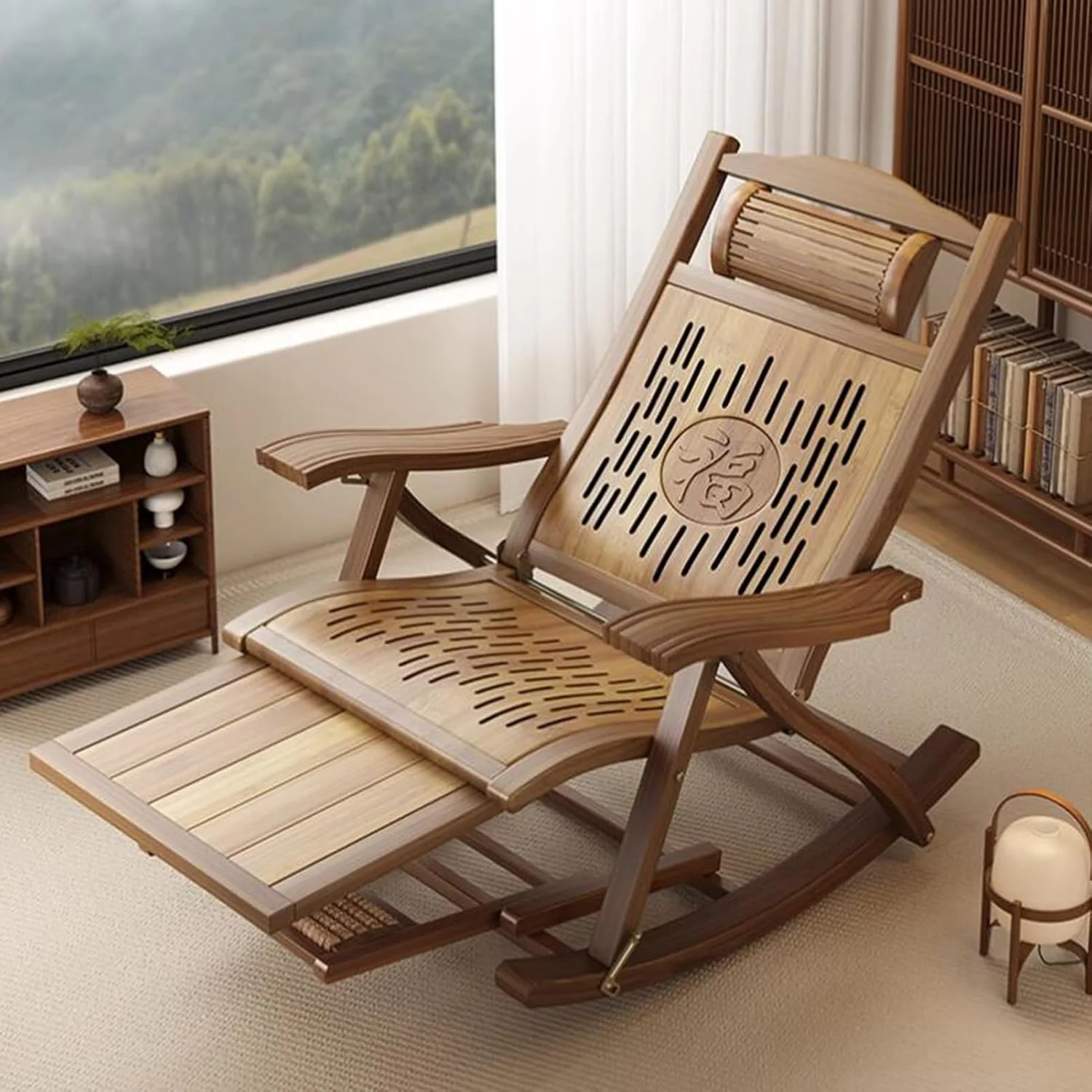 Deck Chair Wooden Rocking Chair Adjustable Sun Chair, Bamboo Sun Lounger Foldable with Armrest, Footrest and Foot Massage, Outdoor Terrace Zero Gravity Recliner(Color:Walnut Color-Gray)