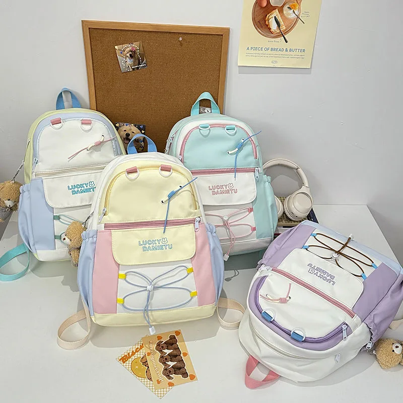 Cute Pastel Multi-Pocket School Backpack with Plush Charm