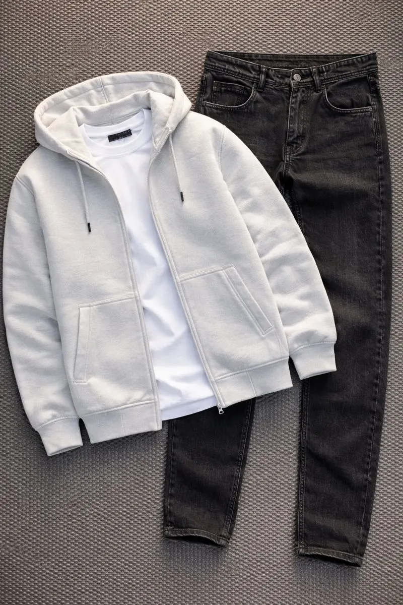 Casual Streetwear Outfit Set with Black Jeans, White T-Shirt & Grey Zip Hoodie